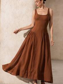 Revavyn Summer Lightweight Breathable Linen-Like Fabric Sweet & Slimming Square Neck Sleeveless Cinched Waist Flared Dress For Ladies - Brown - View 6