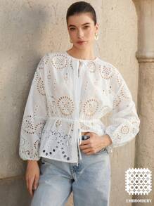 Aveloria Rosie New Water-Soluble Embroidery Hollow Out Fitted Waist Blouse, Elegant Ladies' Shirt For Holiday, Spring/Summer - White - View 1