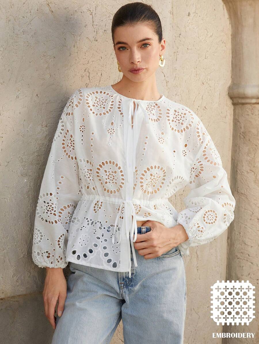 Aveloria Rosie New Water-Soluble Embroidery Hollow Out Fitted Waist Blouse, Elegant Ladies' Shirt For Holiday, Spring/Summer - White - View 1
