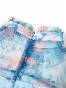 Ellevyn 女式高领荷叶边灯笼袖蓝色欧根纱泡泡裙，优雅日常穿着浪漫时尚修身春夏连衣裙 - 彩色 - 查看 5