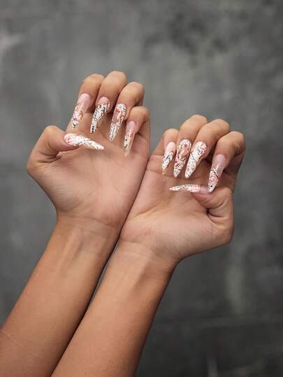 Grunge Punk Juego de 10 uñas postizas de rosas de periódico con estilo punk rock, talla grande 3 piezas de pegamento adhesivo de doble cara, pegatinas para arte de uñas con patrón de papel quemado con purpurina brillante Y2K, adecuado para festivales, fiestas, bailes y uso diario