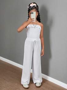 SHEIN Conjunto de 2 piezas de top de tirantes de color liso y pantalón largo informal para niñas preadolescentes