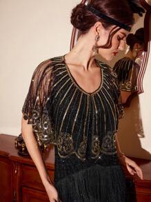 Vintamour Vintage 1pc Women Sequin Contrast Mesh Splice Top 1920s Party Cloak With Sequin Embroidery , Summer - Black and Gold - View 7
