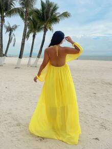 Sunnyshic Robe d'été sans manches en mousseline de soie jaune vif avec décoration coquillage pour femmes grande taille - Jaune citron - Voir 3