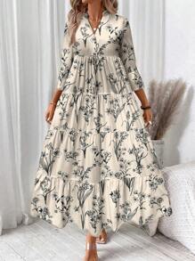 SHEIN LUNE 母亲节休闲复古碎花优雅大码连衣裙，适合春夏季飘逸连衣裙 - 彩色 - 查看 3