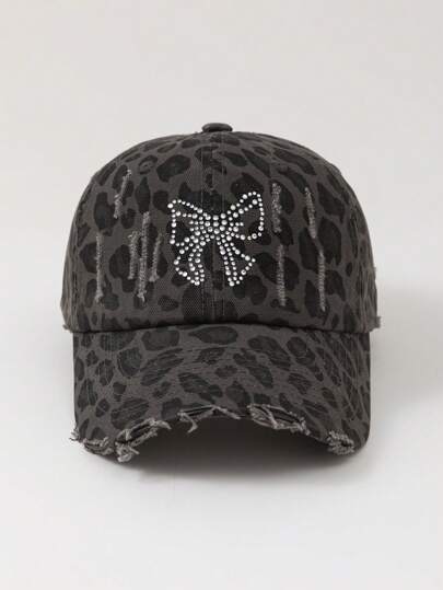 Grunge Punk 1pc Women's Bowknot Leopard Print Rhinestone Studded Baseball Cap