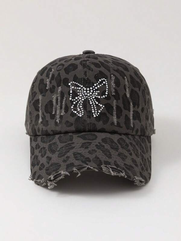 ROMWE Grunge Punk 1 pièce Casquette de baseball pour femme avec nœud papillon, imprimé léopard et strass