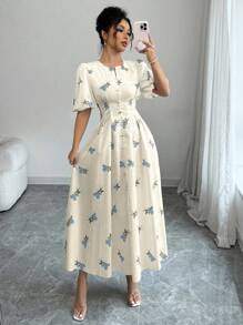 Modelyn 春夏款A字收腰印花短袖连衣裙 - 藍色 - 查看 3