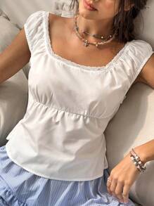 Jouncy 女式休闲纯色蕾丝边T恤，夏季 - 白色 - 查看 1