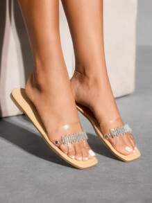 CUCCOO SZL Women Summer Apricot Fairy-Like Transparent Crystal Chain Toe Strap Slip-On Flat Sandals - Apricot - View 5