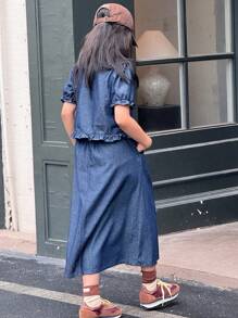 DAZY Tween Mädchen Teenager Rüschen Kragen Jeans Sets, Sommer, Kleidung für den Schulanfang