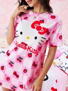HELLO KITTY AND FRIENDS | SHEIN 女士休闲 Y2K 可爱卡通猫咪印花短袖家居睡裙，粉色，夏季 - 粉色 - 查看 1