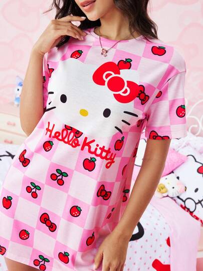 HELLO KITTY AND FRIENDS | SHEIN Women's Casual Y2K Cute Cartoon Cat Print Short-Sleeved Home Nightdress, Pink, Summer