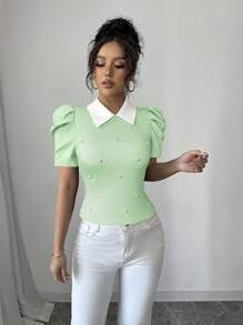 Elenzga 女士优雅日常衬衫领黑白撞色荷叶边修身T恤 - 薄荷綠 - 查看 6