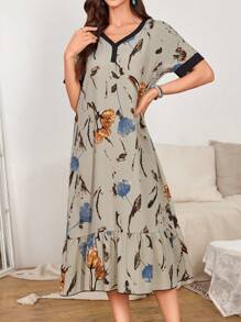 SHEIN Green Floral Print Women's Romantic Long Nightgown, Perfect For Summer, Moo Moo - Dark Green - View 6