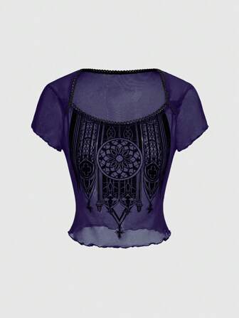 Goth مجموعة تيشيرت أسود للنساء مزين بالصليب المخملي والشباك الشفاف للحفلات والتخرج والسهرة