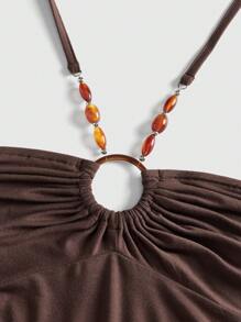 ROMWE Hippie 嬉皮风格珠饰多层下摆短领带女式连衣裙 - 棕色 - 查看 3