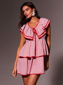 Athîral Vestido mini de verano para mujer con estampado de rayas y volantes - Rojo y blanco - Ver 4