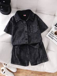 SHEIN 年轻男孩夏季休闲宽松黑色 2 件套 - 短袖衬衫和夹克，户外街头时尚风格 - 黑色 - 查看 7