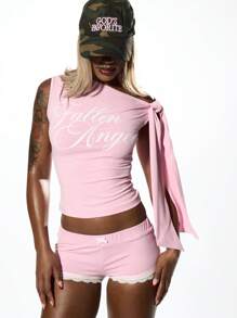 SUMWON WOMEN One Shoulder Asymmetric Graphic Top Ruched Side Summer Festival Dance Performance Shirt Stretch Fitted Fallen Angel Design Streetwear