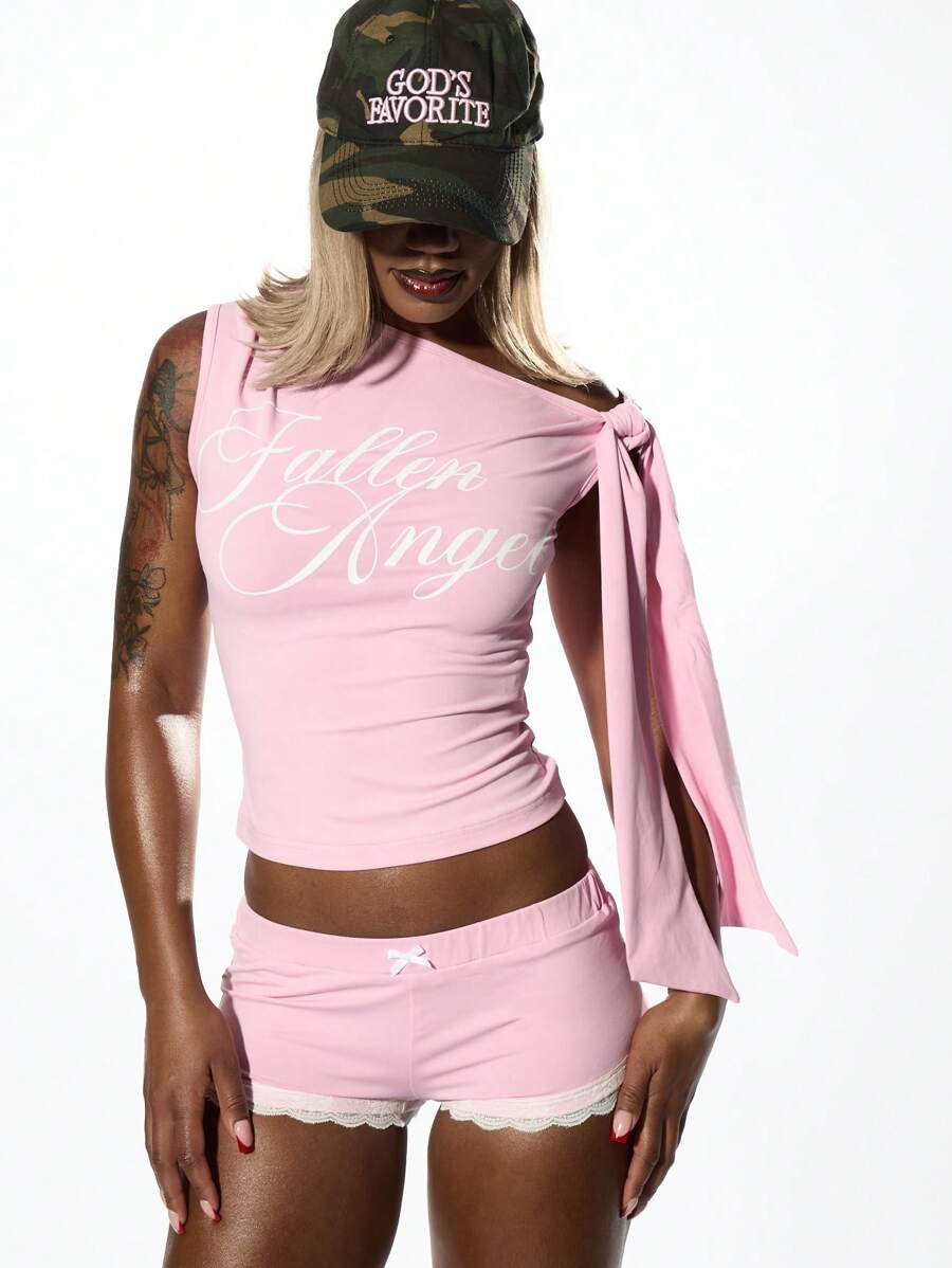 SUMWON WOMEN One Shoulder Asymmetric Graphic Top Ruched Side Summer Festival Dance Performance Shirt Stretch Fitted Fallen Angel Design Streetwear