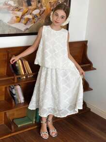 DAZY Ensemble tenue automne pour préadolescente : Top sans manches col rond pour fille + Jupe - Blanc - Voir 2