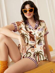 Leopard Patterned Sateen Women's Pajama Set - Beige - View 1