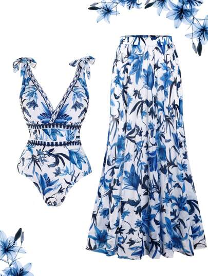 Swim Oasis Plus Size Women 2 Pieces High-End "Oasis" Set: V-Neck One-Piece Swimsuit With Blue & White Floral Print, Paired With Matching Floral Print Maxi Skirt, Suitable For Summer Beach Vacation