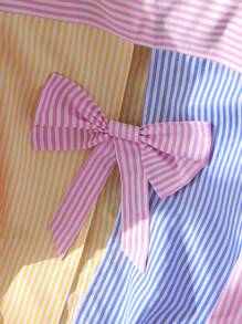 2pcs/Set Teen Girls' Polo Collar Patchwork Bowknot Blouse And Patchwork Shorts Set - Multicolor - View 4