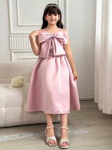 SHEIN 2pcs/Set Tween Girls Elegant Camisole With Bow Accent Top And Skirt Set, Suitable For Party, Events And Daily Wear - Pink - View 5