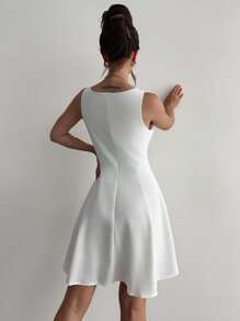Firerie Damen Sommer Elegant Urlaub Strand Kurzes Kleid, Weißes Lässiges Pendelkleid mit Metall Deko Schulter A-Linie - Weiss - Übersicht 2