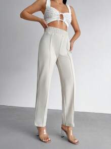 RueChic Damen einfarbige Stoffhose mit elastischem Bund und geradem, gestreiftem Design für den Lässig-Look