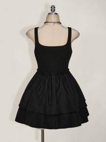 SHEIN ICON Icon Plus Size 女式无袖方领双层蛋糕裙，适合毕业季、返校季和暑假