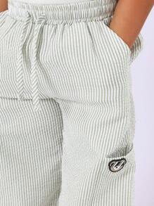 SUMWON 儿童条纹棉质抽绳裤 夏季休闲沙滩阔腿裤 舒适套穿裤脚带口袋 度假装 - 綠色 - 查看 7