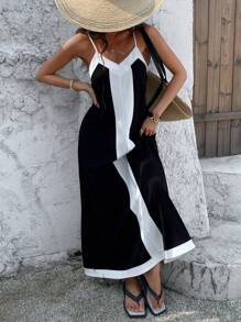 Strévra Abito lungo da donna senza maniche, patchwork, vestiti casual da donna