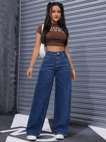 SHEIN PETITE 女士高腰口袋阔腿宽松休闲牛仔裤 - 深色水洗藍 - 查看 3