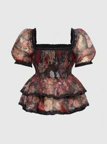 ROMWE Avant Áo cánh organza hoa lãng mạn cổ điển cỡ lớn cho nữ - Nhiều màu - Xem 5