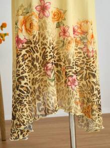 SHEIN مجموعة مكونة من قطعتين للبنات المراهقات للأعياد والأجازات: ملابس علوية كاميسول كشكشة ذات طبعة زهور وطبعة نمر ملونة مصنوعة من الصوف الأصفر مع حاشية غير متماثلة وتنورة ذات خصر مطاطي، مناسبة للصيف والعطلات