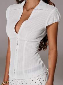 TRNVIE Summer White Textured Collared Slim-Fit Office Lady Vertical Striped Short Sleeve Shirt - White - View 4