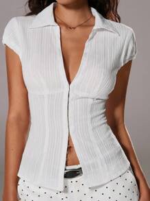 TRNVIE Summer White Textured Collared Slim-Fit Office Lady Vertical Striped Short Sleeve Shirt - White - View 8