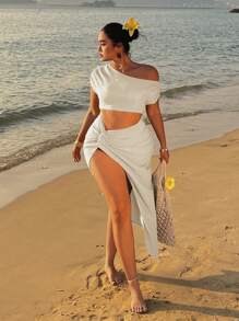 Sunnyshic 大码女式褶皱针织罗纹绿色性感扭纹紧身连衣裙 - 白色 - 查看 3