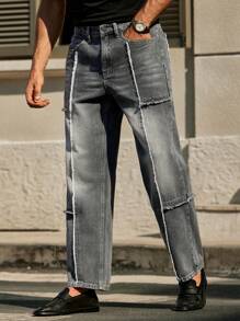 Manfinity VCAY Men's Casual Grey Denim Jeans With Frayed Seam Details Long Straight Leg Fit - Grey - View 1