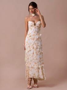 Enchnt 春夏浪漫女士橙色花卉印花系带前褶边下摆吊带中长连衣裙，甜美优雅，适合度假、约会、节日、派对、毕业典礼、婚礼嘉宾、海滩和宴会、舞会礼服、女士夏季连衣裙、夏季服装