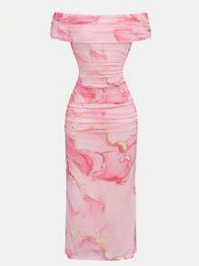 SHEIN Girlism Robe midi ajustée à la taille, avec épaules dénudées, décontractée et minimaliste, confortable pour les jeunes filles