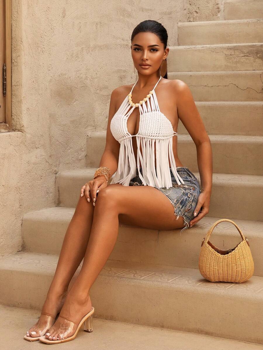 Sirith Top corto estivo da donna, con schiena scoperta, collo alla halter e orlo con frange - Bianco - Visualizzare 1