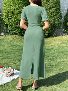 Modelyn Women's Casual Solid Color Short Sleeve Dress, Summer - Green - View 2