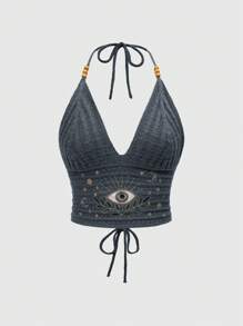 ROMWE Hippie Boho Style Summer Women Top, Hippie Vacation Inspired Eye, Moon And Star Embroidery Blue Green Knit Sweater