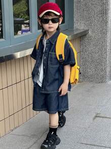 Dazy Kids 男童破洞牛仔短袖T恤和短裤套装，休闲 - 藍色 - 查看 2