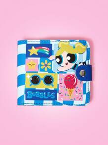 THE POWERPUFF GIRLS X SHEIN Bubbles Pattern Light Blue Curved Check Fashionable Summer Wallet