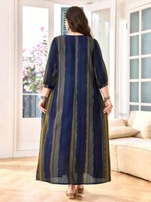 Lacomfia 大码女式休闲条纹七分袖宽松常规阿拉伯风格连衣裙，春夏 - 彩色 - 查看 2